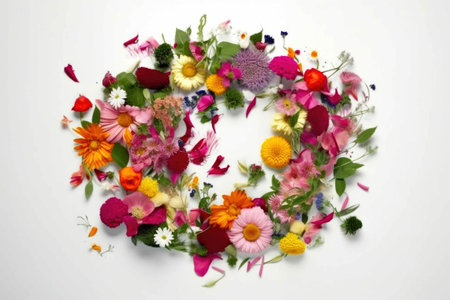 Flowers are arranged in an abstract shape on a white background. Generative AIの素材