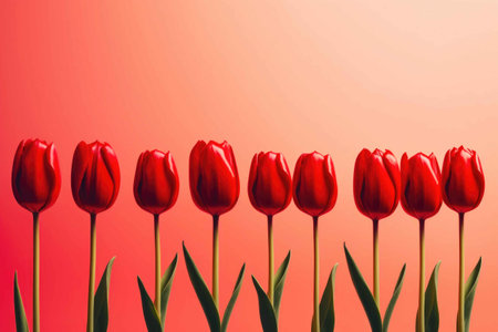 Red tulips in a row on a light red background. Generative AIの素材