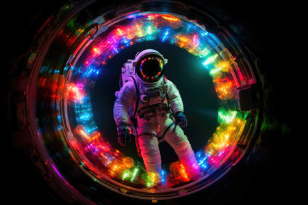Astronaut suspended weightlessly before a shimmering portal leading to another dimension. Generative AIの素材