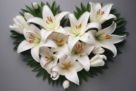 Heart shaped flower arrangement with white lilies. Generative AIの素材