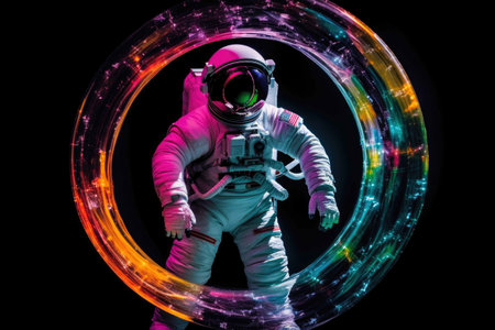 Astronaut suspended weightlessly before a shimmering portal leading to another dimension. Generative AIの素材