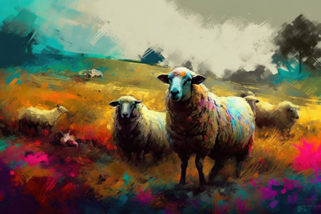 Sheep on the field. Generative AIの素材