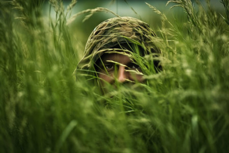 Hiding in the grass. Generative AIの素材