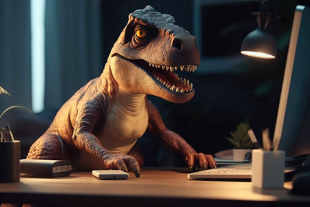 Cute tyrannosaurus playing with a laptop at a desk. Generative AIの素材