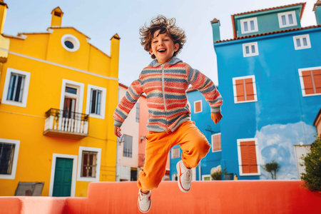 jumping kid. Colorful building background. Generative AIの素材