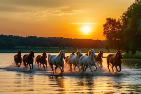 A herd of galloping horses on the meadow by the lake at sunset. Generative AIの素材