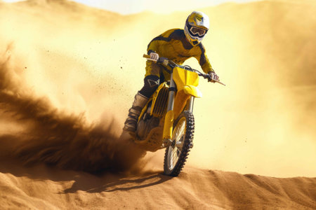Extreme Motocross riding on Sand track, desert on the background. Generative AIの素材