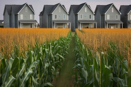 A new subdivision of identical gray houses in the middle of a vibrant field of corn. Generative AIの素材