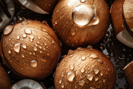 Perfect Fresh coconuts seamless background, extrem close up, adorned with glistening droplets of water. Generative AIの素材