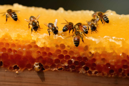 Column of honey with pergola and pollen, bees crawl nearby. Generative AIの素材