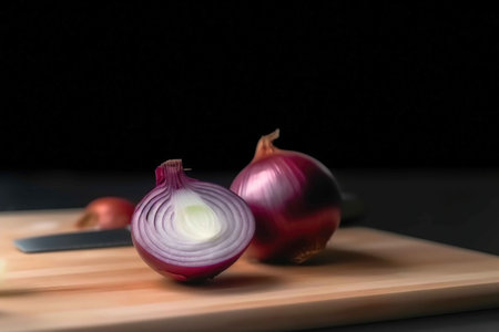 Onion cut into thin slices on the kitchen table. Generative AIの素材