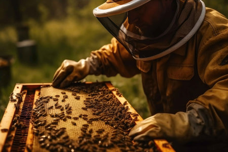 Beekeeper holding a honeycomb full of bees. Generative AIの素材