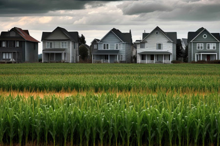 A new subdivision of identical gray houses in the middle of a vibrant field of corn. Generative AIの素材