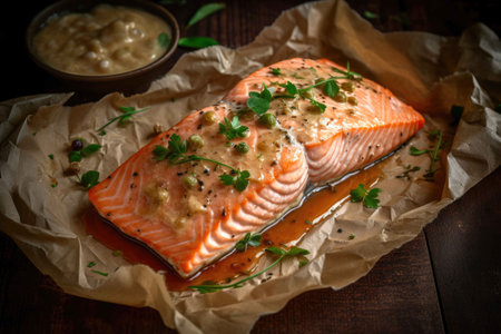 Fried salmon steak. Generative AIの素材