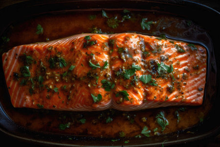 Freshly baked Salmon, adorned with garlic sauce. Generative AIの素材