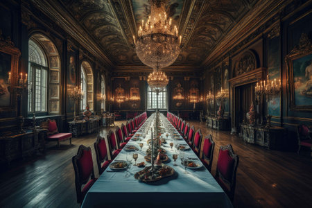 The grand hall was the scene of a royal banquet, with a long, polished table surrounded by velvet chairs. Generative AIの素材