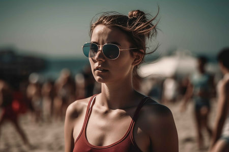 Young woman relaxing at the beach. Generative AIの素材