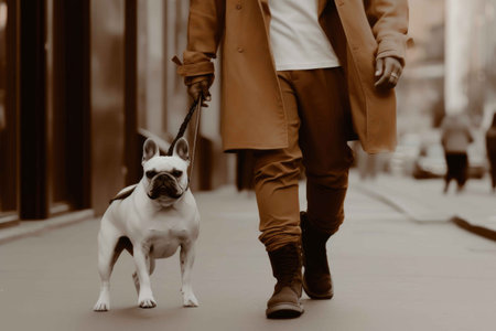 Person walking with french bulldog. Generative AIの素材