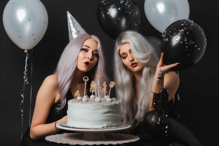 Birthday themed photoshoot of two funny beautiful women, wearing silver sequins, holding birthday cake, with black balloons surrounding them. Generative AIの素材