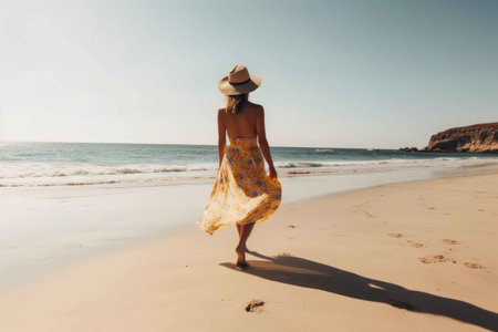 Young woman walk on an empty wild beach. Generative AIの素材