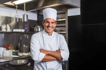 Chef with his arms crossed standing at restaurant kitchen. Generative AIの素材