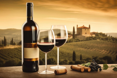 Ð¡akes and wine on a wooden board against an countryside background. Generative AIの素材