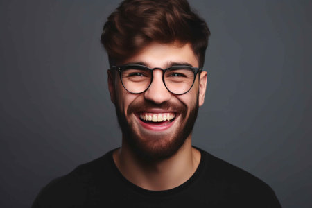 Closeup portrait of happy bearded caucasian guy wearing glasses laughing at camera over gray studio background. Generative AIの素材