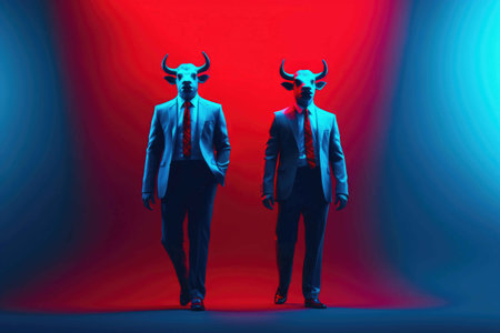 Angry bulls in suits on blue background with red neon. Generative AIの素材