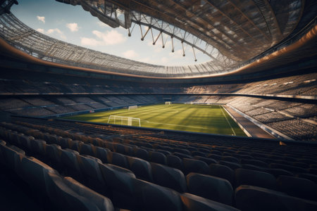 A soccer stadium with open roof and black seats. Generative AIの素材