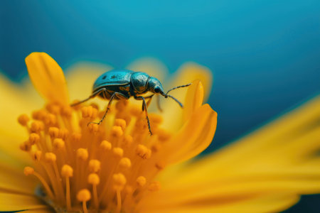 Bug on yellow flower with blue background. Generative AIの素材