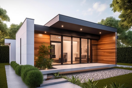 The facade of a small, medium-standard single-story house with modern architecture have a bold and elegant design. Generative AIの素材