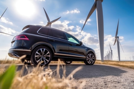 Modern electric car driving against the background of a beautiful landscape with wind turbines. Generative AIの素材