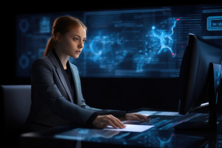 Business woman sitting on a desk, typing on a keyboard, staring at a hologram monitor. Generative AIの素材