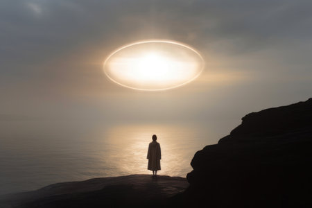 Whispers of the Sea: A Solitary Figure's Reverie. Generative AIの素材