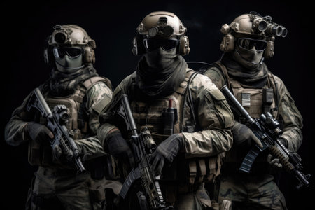 Three soldiers in full combat gear, wearing masked faces and carrying guns. Generative AIの素材