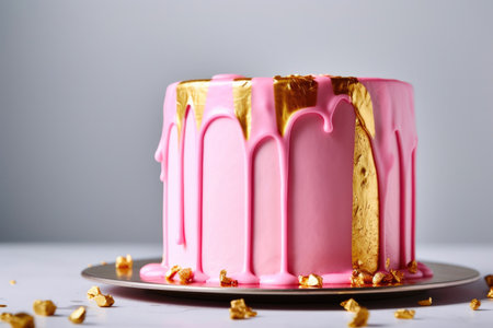 Regal Pink Cake Adorned with Glorious Golden Drips. Generative AIの素材