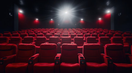 Rows Of Comfortable Red Chairs In Dark Cinema Theatre. Generative AIの素材