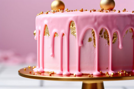 Decadent Pink Cake Drizzled in Gold. Generative AIの素材
