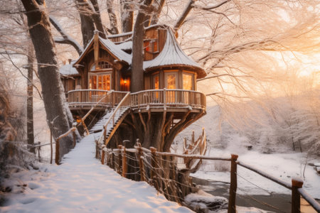 Winter's Whimsy: A Fairytale Tree House Hideaway. Generative AIの素材