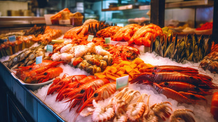 Seaside Treasures: Close-Up Glimpses of Fresh Fish and Shellfish. Generative AIの素材