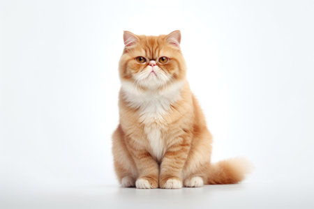 Fluffy Feline: Adorable Exotic Shorthair Cat on Solid White Background. Generative AIの素材