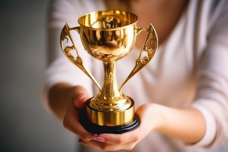 Elation in motion: victorious hands with trophy. Generative AIの素材