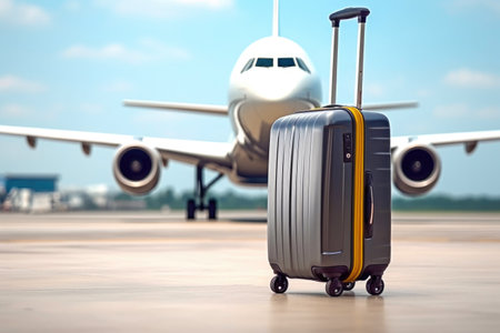 A suitcase on a runway with a blurred airplane in the background. Generative AIの素材