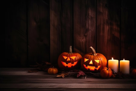 Eerie Night: Pumpkin with Candles on Spooky Wooden Plank. Generative AIの素材