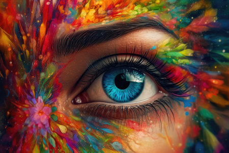 Vibrant Kaleidoscope: A Woman's Rainbow Eye. Generative AIの素材