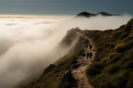 Above the Mist: Wanderers on Ethereal Trails. Generative AIの素材