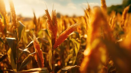 Harvest Glow: Capturing the Realistic Beauty of a Cornfield. Generative AIの素材