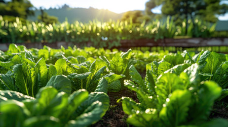 Lush Green Field of Fresh Leaf Lettuce. Generative AIの素材