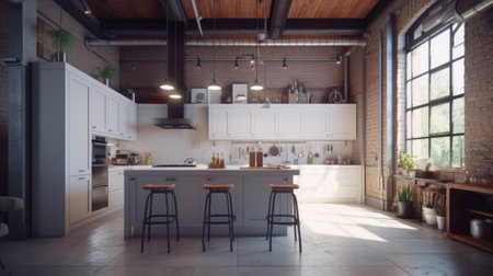 Minimalist Loft Kitchen Design featuring White Cabinets and High-Tech Elements. Generative AIの素材
