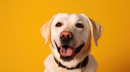 White Labrador Beaming with Joy on Yellow Background. Generative AIの素材